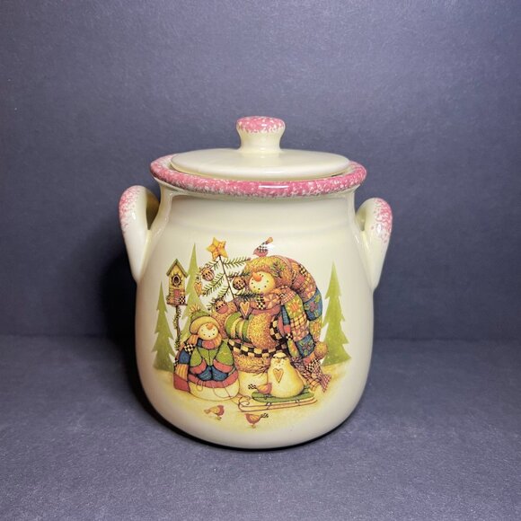 VTG Commodities Ceramic Snowman Family Double Handle Christmas Canister w/ Lid - Picture 1 of 9